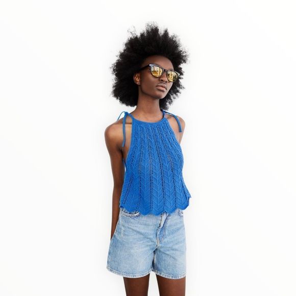 ZARA Women | Blue | OPENWORK KNIT TOP - Picture 6 of 11